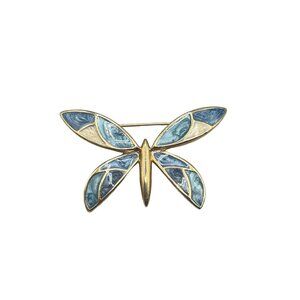 Signed LC Liz Claiborne Enameled Butterfly Pin Brooch 80s Blue Swirls Gold Tone